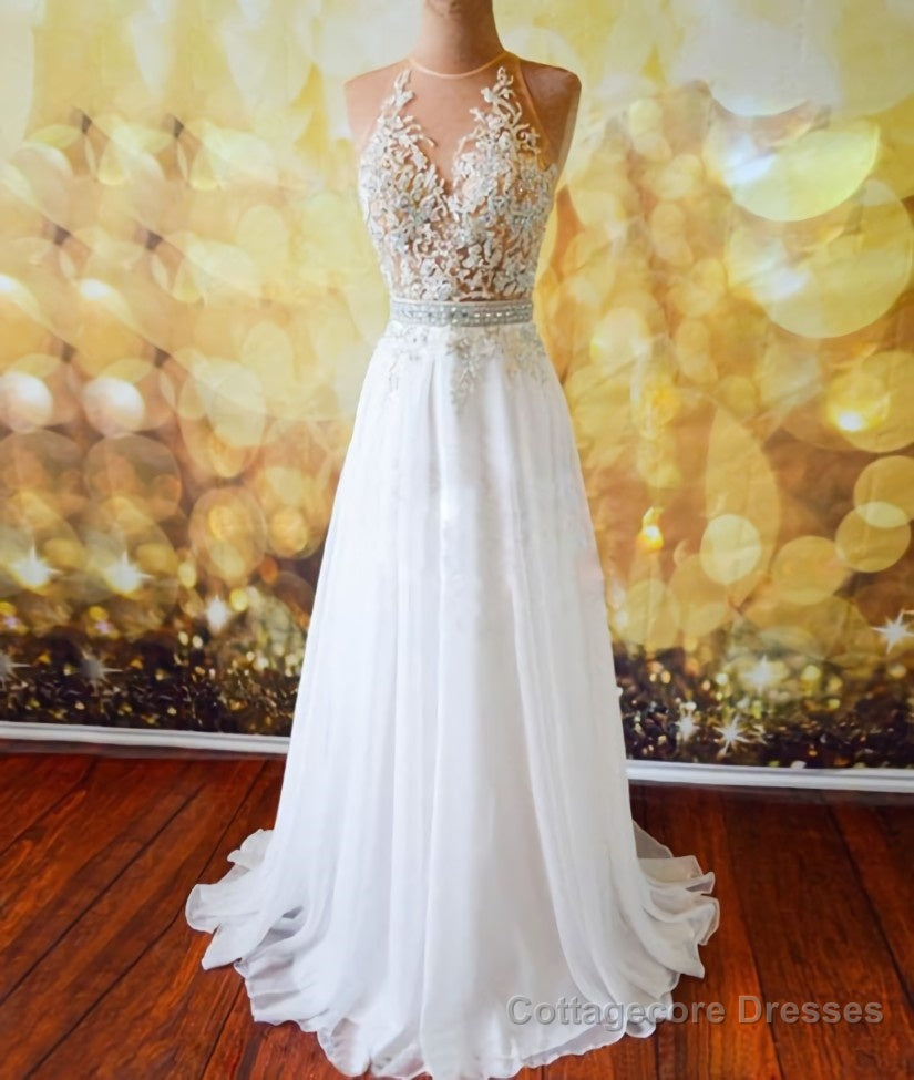 White Chiffon Tulle Appliques Lace Sweep Train Sexy Open Back Prom Dresses, Lace Formal Dresses