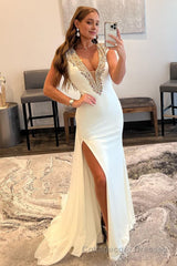 White Deep V-Neck Backless Prom Dress with Beading