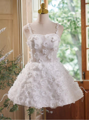 White Lace 3D Flower Spaghetti Straps Homecoming Dresses