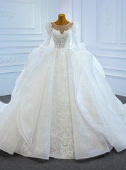 White Lace Ball Gown Long Sleeve Beading Wedding Dresses