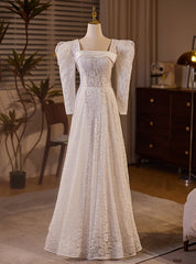 White Lace Long Sleeve Square Neck Wedding Dresses