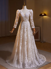 White Lace Long Sleeve V-neck Wedding Dresses