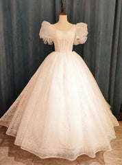 White Lace Puff Sleeve Pearls Wedding Dresses