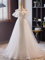 White Lace Tulle Pleats Flower Wedding Dresses