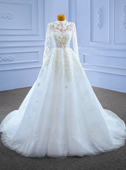 White Long Sleeve High Neck Beading Wedding Dresses