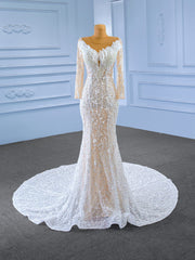 White Long Sleeve Sequins Beading Pearls Wedding Dresses