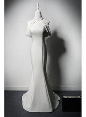 White Mermaid Halter Pearls Wedding Dresses