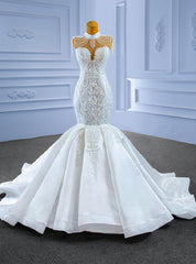 White Mermaid High Neck Appliques Beading Wedding Dresses