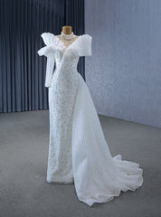 White Mermaid High Neck Long Sleeve Pearls Wedding Dresses