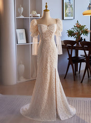 White Mermaid Lace Long Sleeve Square Neck Wedding Dresses