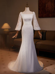 White Mermaid Lace Puff Sleeve Wedding Dresses