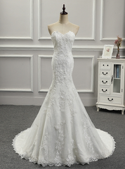 White Mermaid Lace Strapless Appliques Wedding Dresses