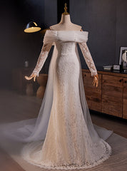 White Mermaid Lace Tulle Pleats Long Sleeve Wedding Dresses