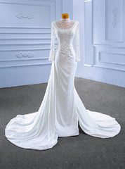 White Mermaid Long Sleeve High Neck Beading Wedding Dresses