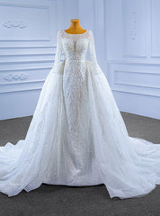 White Mermaid Long Sleeve Perals Beading Wedding Dresses With Detachable Train