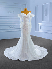 White Mermaid Long Sleeve Sequins Pearls Wedding Dresses