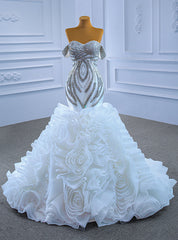 White Mermaid Organza Beading Crystal Wedding Dresses