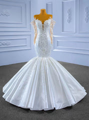 White Mermaid Satin Long Sleeve Appliques Beading Wedding Dress