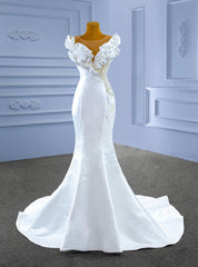 White Mermaid Satin Pearls Pleats Wedding Dresses