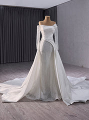 White Mermaid Satin Sequins Long Sleeve Wedding Dresses