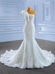 White Mermaid Sequins Beading One Shoulder Wedding Dresses