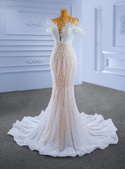 White Mermaid Sequins Beading Pearls Wedding Dresses