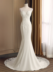 White Mermaid Spaghetti Straps Appliques Beading Wedding Dresses