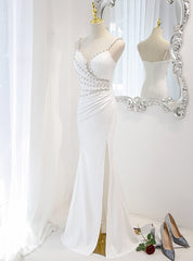 White Mermaid Spaghetti Straps Beading Pearls Wedding Dresses