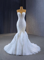 White Mermaid Sweetheart Sequins Pearls Wedding Dresses