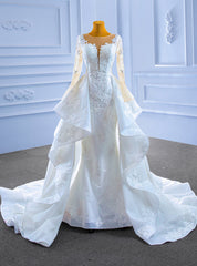 White Mermaid Tulle Appliques Long Sleeve Wedding Dresses