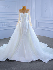 White Mermaid Tulle Long Sleeve Pearls Wedding Dresses With Detachable Train