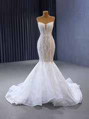 White Mermaid Tulle Pearls Strapless Wedding Dresses