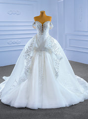 White Mermaid Tulle Sequins Beading Wedding Dresses With Detachable Train