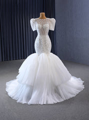 White Mermaid Tulle Short Sleeve Beading Wedding Dresses