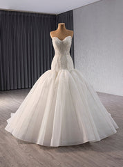 White Mermaid Tulle Strapless Beading Sequins Wedding Dresses