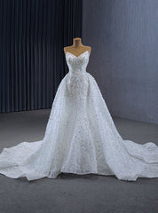 White Mermaid Tulle Strapless Pearls Wedding Dresses With Detachable Train