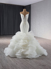 White Mermaid Tulle Strapless Pleats Beading Wedding Dresses