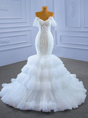 White Mermaid Tulle Sweetheart Appliques Beading Wedding Dresses