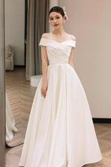 White Off Shoulder Simple Satin Wedding Party Dresses, White Long Prom Dresses