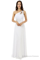 White One Shoulder Chiffon Pleats Beading Bridesmaid Dresses