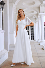 White Prom Dresses Boat Neck Chiffon Bell Sleeves A Line Slit Sequin Floor Length Fromal Bridesmaid Dresses