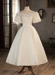 White Puff Sleeve Off the Shoulder Beading Wedding Dresses