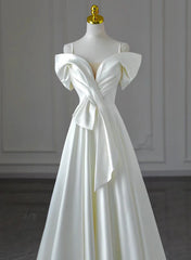 White Satin A-line Off Shoulder Evening Dresses, White Satin Long Wedding Party Dresses