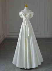 White Satin A-line Off Shoulder Evening Dresses, White Satin Long Wedding Party Dresses