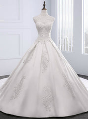 White Satin Appliques Pearls High Neck With Train Wedding Dresses