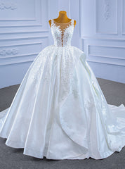 White Satin Appliques Pearls See Through Wedding Dresses