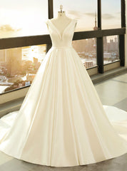 White Satin Ball Gown Deep V-neck Backless Wedding Dresses