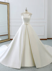 White Satin Cap Sleeve Backless Wedding Dresses With Pearls