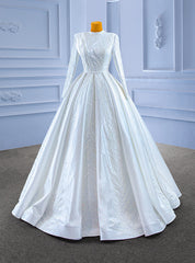 White Satin High Neck Long Sleeve Beading Wedding Dresses