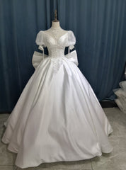 White Satin High Neck Short Sleeve Beading Wedding Dresses